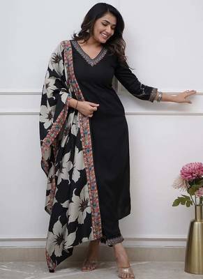  Viscose Silk Embroidery Work Straight Kurta Pant and Dupatta Set 1