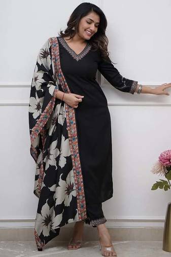 Women's Beautiful Viscose Silk Fabric Embroidery Work Straight Kurta Pant and Dupatta Set