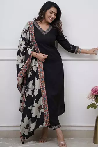 Women's Beautiful Viscose Silk Fabric Embroidery Work Straight Kurta Pant and Dupatta Set