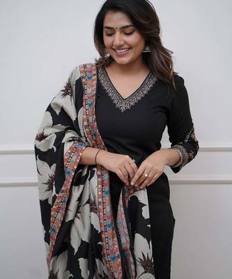  Viscose Silk Embroidery Work Straight Kurta Pant and Dupatta Set 3