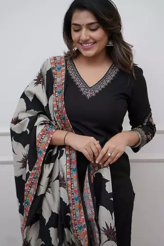  Viscose Silk Embroidery Work Straight Kurta Pant and Dupatta Set