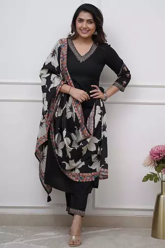  Viscose Silk Embroidery Work Straight Kurta Pant and Dupatta Set