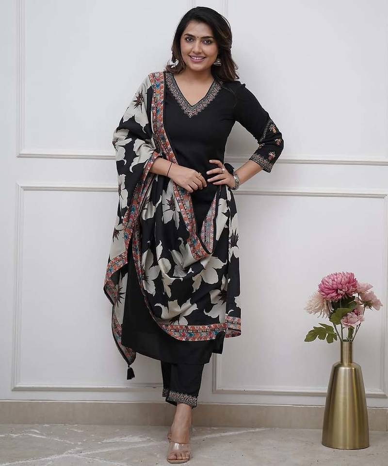 Women's Beautiful Viscose Silk Fabric Embroidery Work Straight Kurta Pant and Dupatta Set