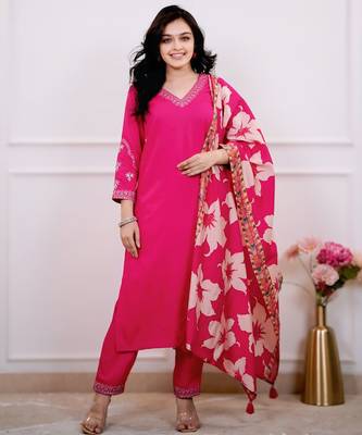  Viscose Silk Embroidery Work Straight Kurta Pant and Dupatta Set 1