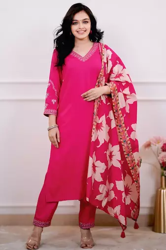 Women's Beautiful Viscose Silk Fabric Embroidery Work Straight Kurta Pant and Dupatta Set