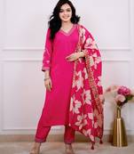  Viscose Silk Embroidery Work Straight Kurta Pant and Dupatta Set