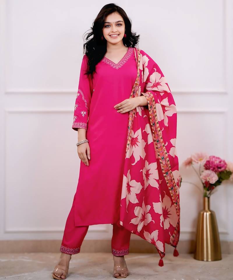 Women's Beautiful Viscose Silk Fabric Embroidery Work Straight Kurta Pant and Dupatta Set