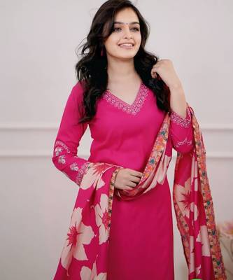  Viscose Silk Embroidery Work Straight Kurta Pant and Dupatta Set 2