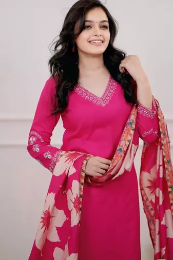  Viscose Silk Embroidery Work Straight Kurta Pant and Dupatta Set