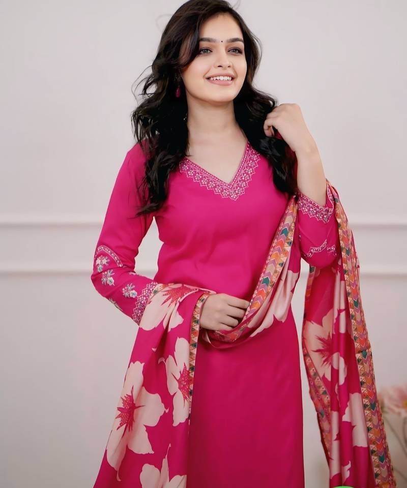 Women's Beautiful Viscose Silk Fabric Embroidery Work Straight Kurta Pant and Dupatta Set