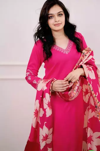  Viscose Silk Embroidery Work Straight Kurta Pant and Dupatta Set