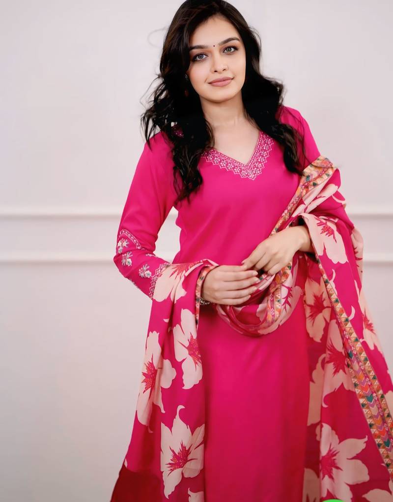 Women's Beautiful Viscose Silk Fabric Embroidery Work Straight Kurta Pant and Dupatta Set