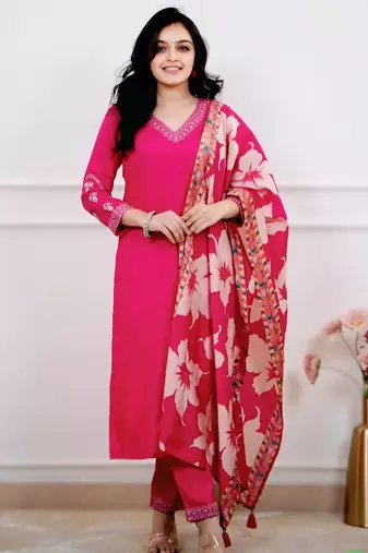  Viscose Silk Embroidery Work Straight Kurta Pant and Dupatta Set
