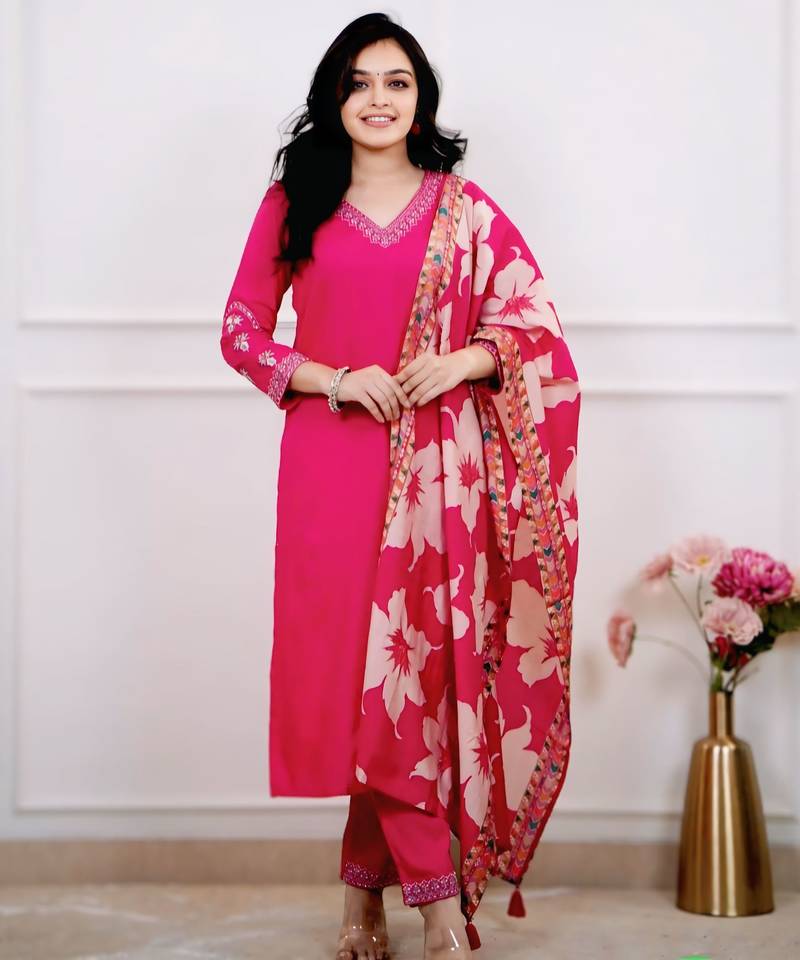 Women's Beautiful Viscose Silk Fabric Embroidery Work Straight Kurta Pant and Dupatta Set