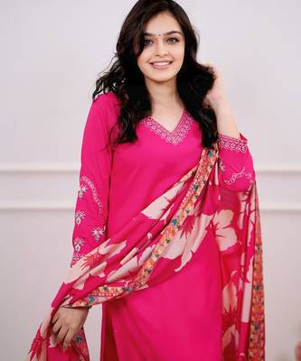  Viscose Silk Embroidery Work Straight Kurta Pant and Dupatta Set 5