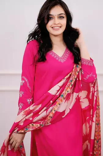  Viscose Silk Embroidery Work Straight Kurta Pant and Dupatta Set