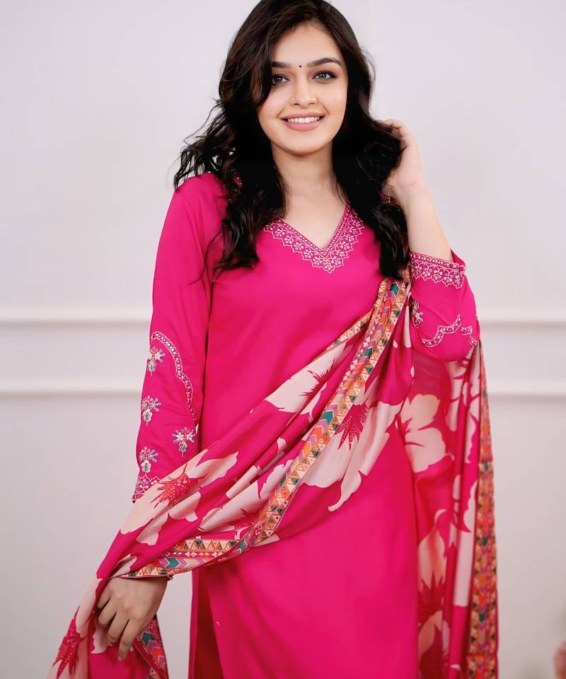 Women's Beautiful Viscose Silk Fabric Embroidery Work Straight Kurta Pant and Dupatta Set