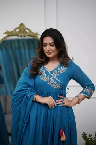  Parmpara Embroidery Work Flared Kurta Pant and Dupatta Set