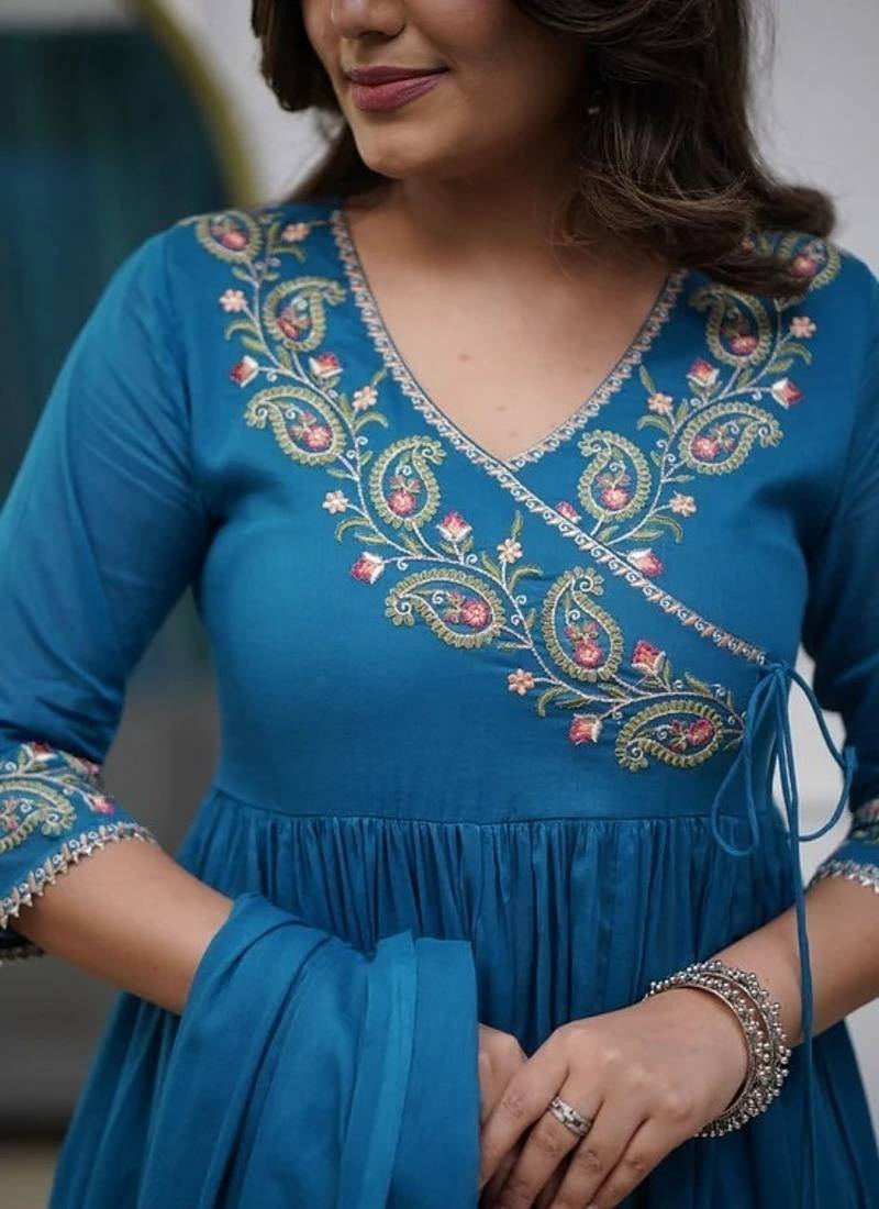 Women's Beautiful Parmpara Fabric Embroidery Work Flared Kurta Pant and Dupatta Set