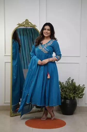  Parmpara Embroidery Work Flared Kurta Pant and Dupatta Set