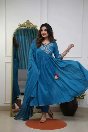  Parmpara Embroidery Work Flared Kurta Pant and Dupatta Set