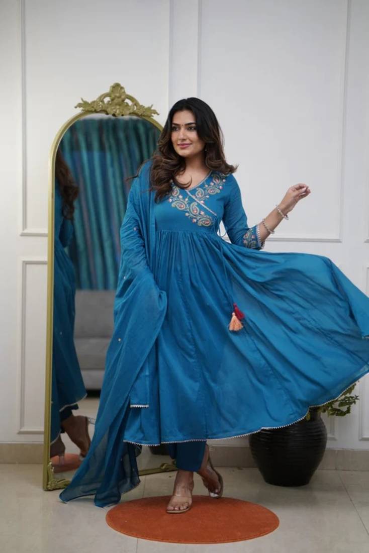 Women's Beautiful Parmpara Fabric Embroidery Work Flared Kurta Pant and Dupatta Set