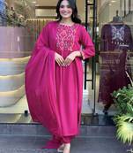 Women's  Chanderi Embroidery Work Straight Kurta Pant and Dupatta Set