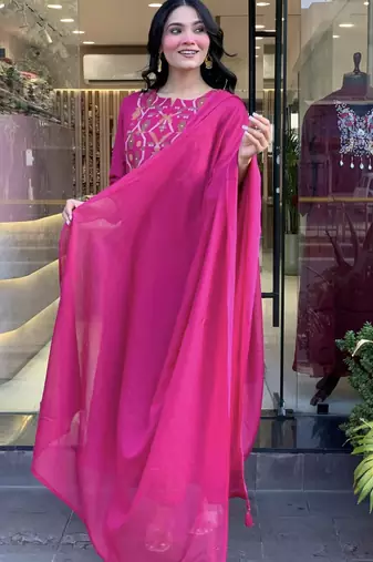 Women's  Chanderi Embroidery Work Straight Kurta Pant and Dupatta Set