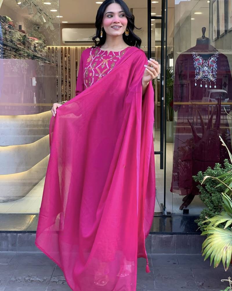 Women's Gorgeous Chanderi Fabric Embroidery Work Straight Kurta Pant and Dupatta Set