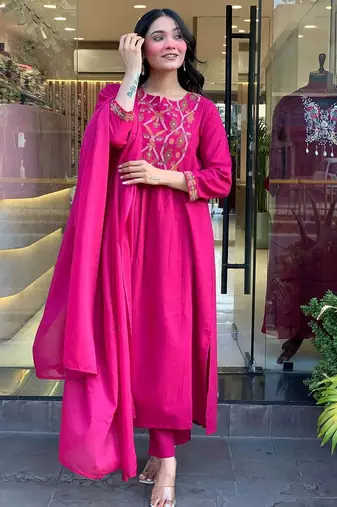 Women's  Chanderi Embroidery Work Straight Kurta Pant and Dupatta Set