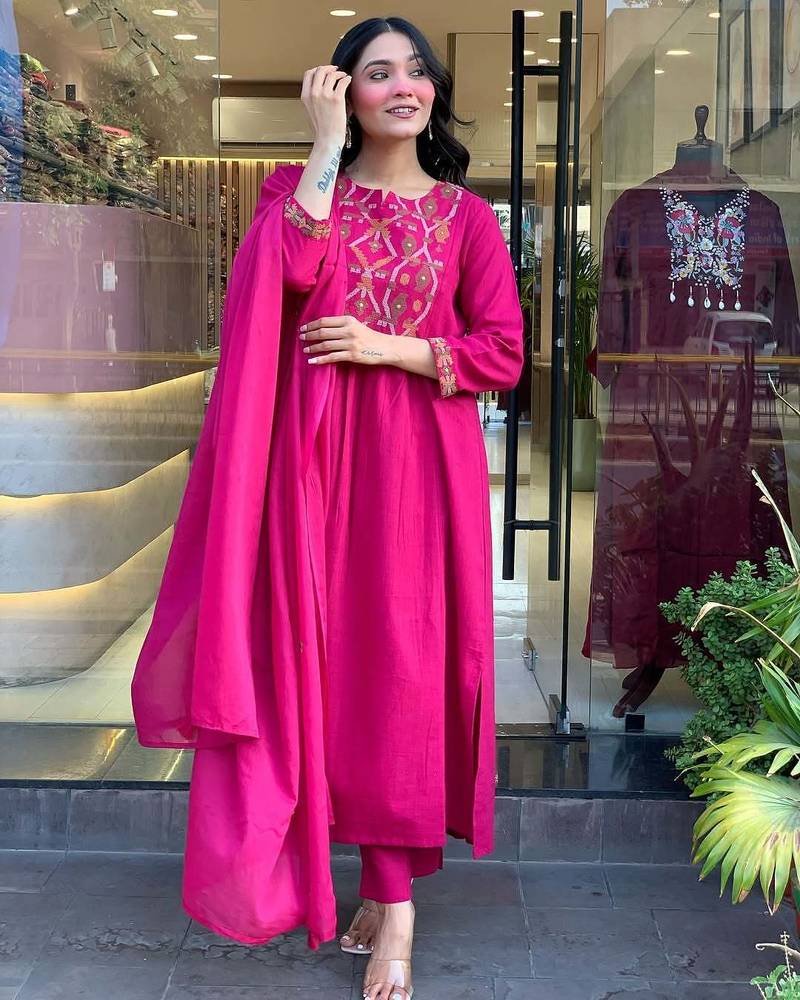 Women's Gorgeous Chanderi Fabric Embroidery Work Straight Kurta Pant and Dupatta Set