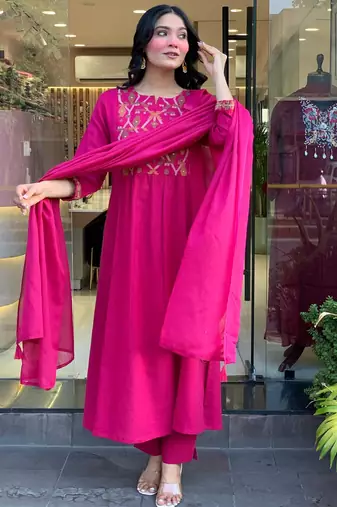 Women's  Chanderi Embroidery Work Straight Kurta Pant and Dupatta Set