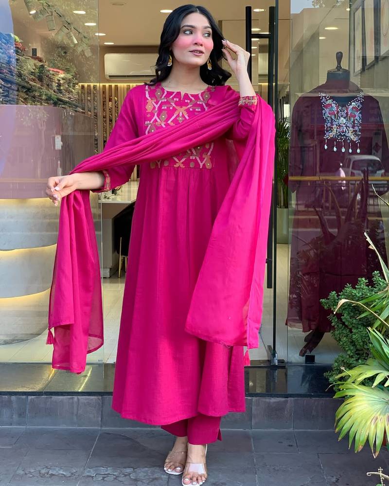 Women's Gorgeous Chanderi Fabric Embroidery Work Straight Kurta Pant and Dupatta Set