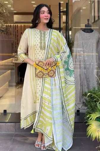 Women's Gorgeous Linen Silk Fabric Embroidery Work Straight Kurta Pant and Dupatta Set