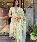 Women's  Linen Silk Embroidery Work Straight Kurta Pant and Dupatta Set