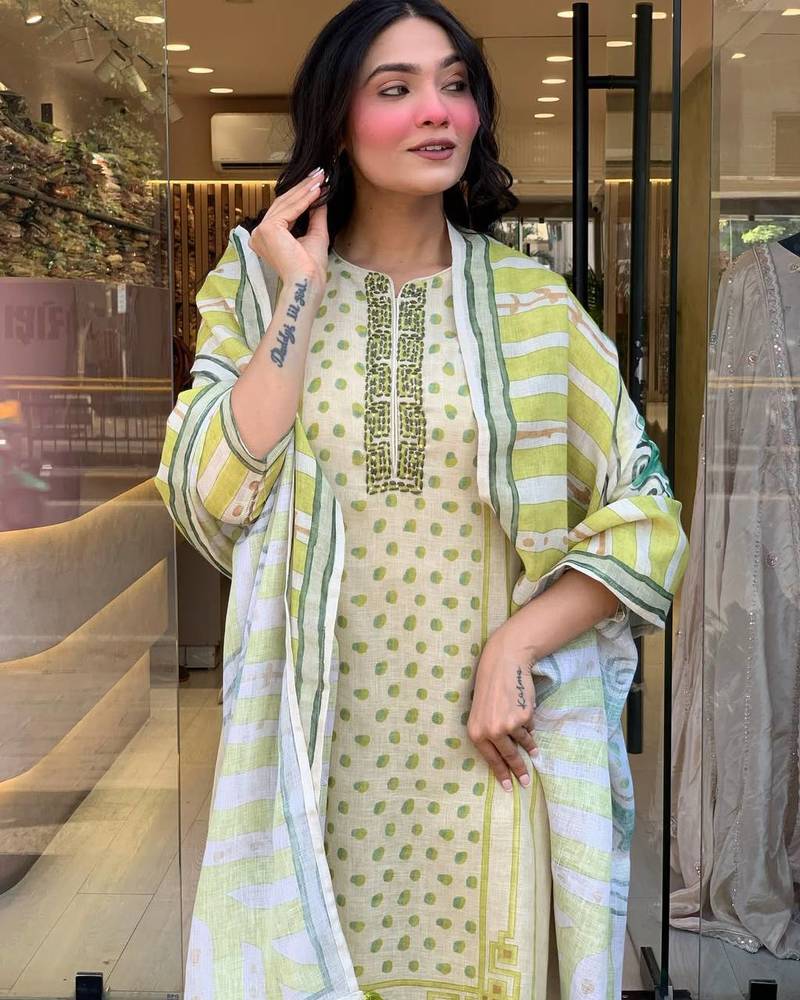 Women's Gorgeous Linen Silk Fabric Embroidery Work Straight Kurta Pant and Dupatta Set