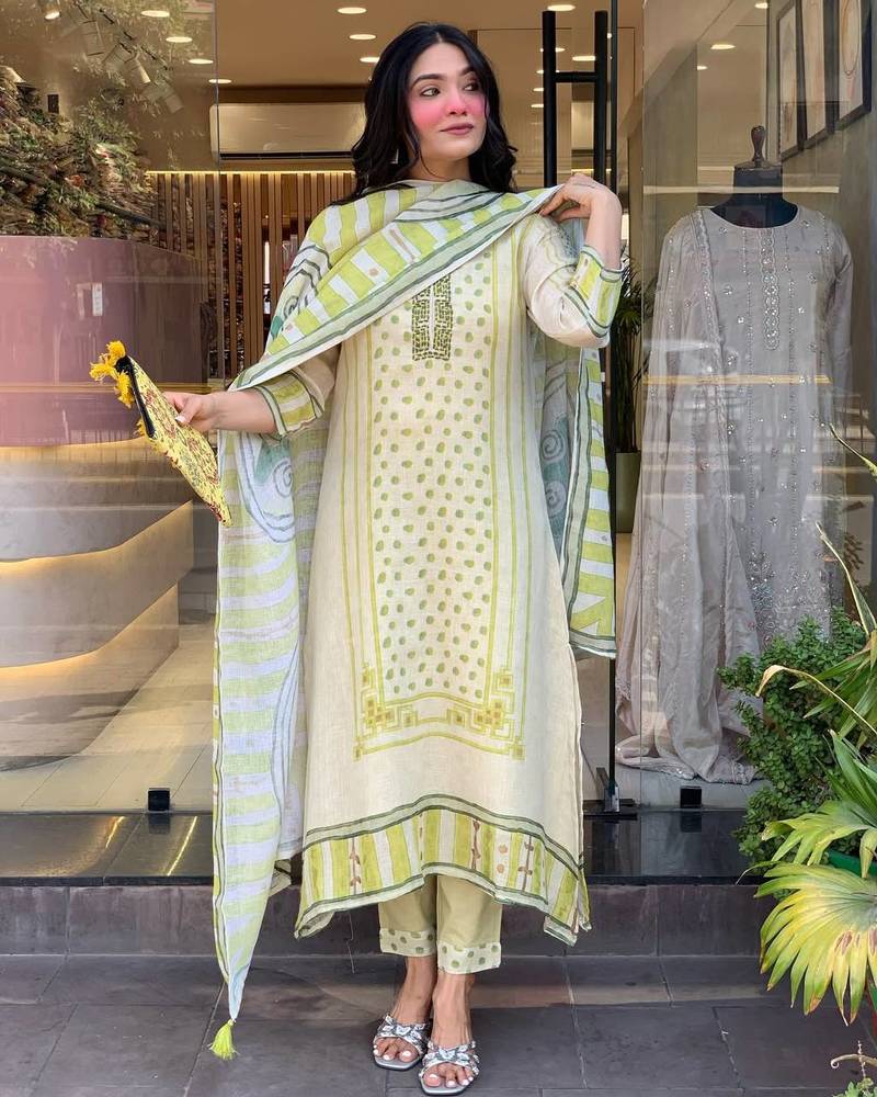 Women's Gorgeous Linen Silk Fabric Embroidery Work Straight Kurta Pant and Dupatta Set