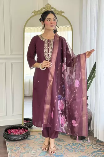 Women's Gorgeous Rayon Fabric Embroidery Work Straight Kurta Pant and Dupatta Set