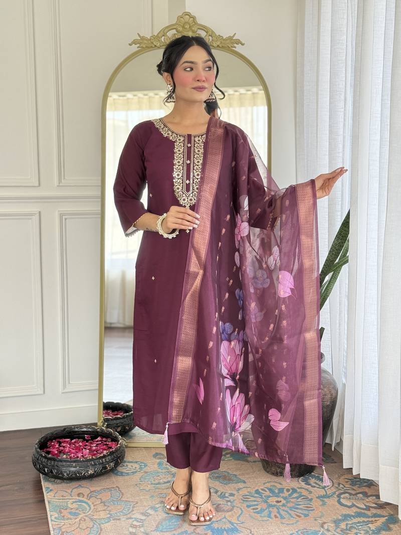 Women's Gorgeous Rayon Fabric Embroidery Work Straight Kurta Pant and Dupatta Set