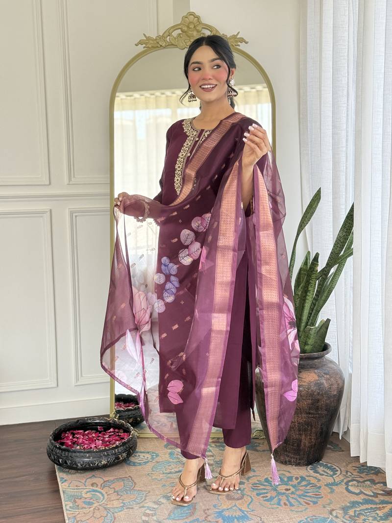 Women's Gorgeous Rayon Fabric Embroidery Work Straight Kurta Pant and Dupatta Set