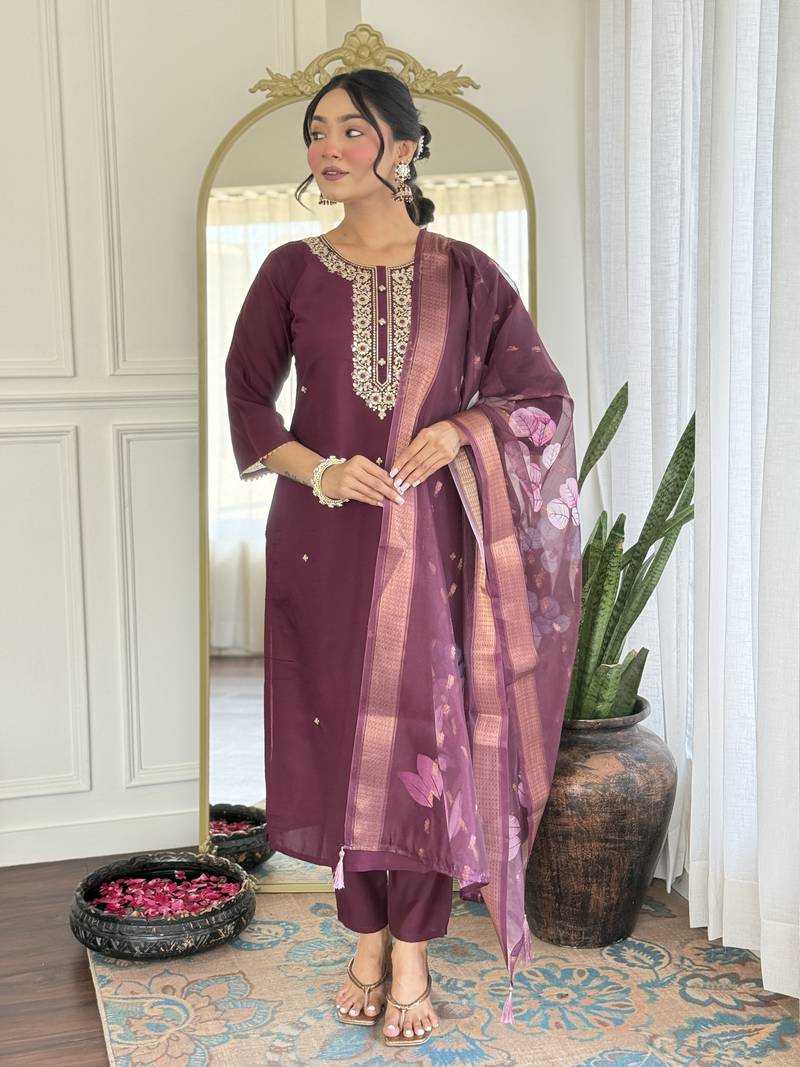 Women's Gorgeous Rayon Fabric Embroidery Work Straight Kurta Pant and Dupatta Set