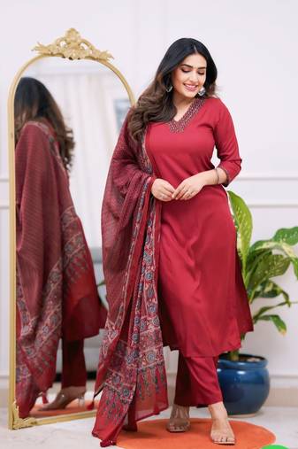 Women's Gorgeous Parmpara Fabric Embroidery Work Straight Kurta Pant and Dupatta Set