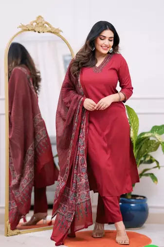 Women's Gorgeous Parmpara Fabric Embroidery Work Straight Kurta Pant and Dupatta Set