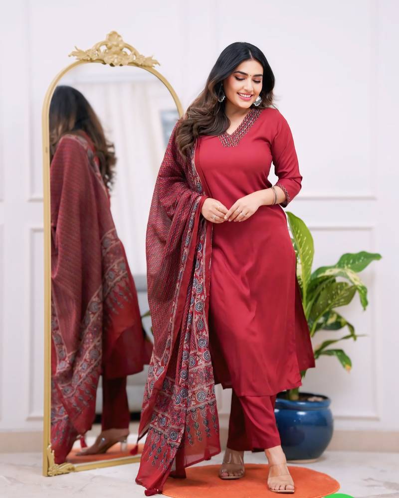 Women's Gorgeous Parmpara Fabric Embroidery Work Straight Kurta Pant and Dupatta Set