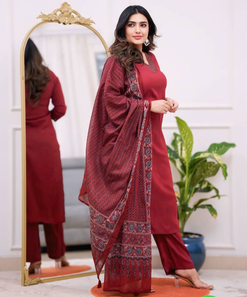 Women's Gorgeous Parmpara Fabric Embroidery Work Straight Kurta Pant and Dupatta Set
