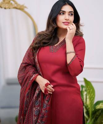 Women's  Parmpara Embroidery Work Straight Kurta Pant and Dupatta Set 4