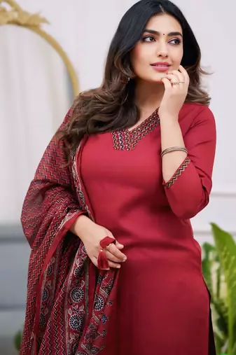 Women's  Parmpara Embroidery Work Straight Kurta Pant and Dupatta Set