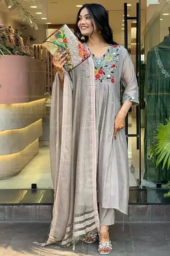 Women's Gorgeous Chinon Viscose Fabric Embroidery Work Straight Kurta Pant and Dupatta Set