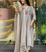Women's Gorgeous Chinon Viscose Fabric Embroidery Work Straight Kurta Pant and Dupatta Set