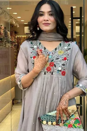 Women's  Chinon Viscose Embroidery Work Straight Kurta Pant and Dupatta Set